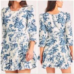 LoveShackFancy Lienzo Floral Blue and White Women's Mini Dress